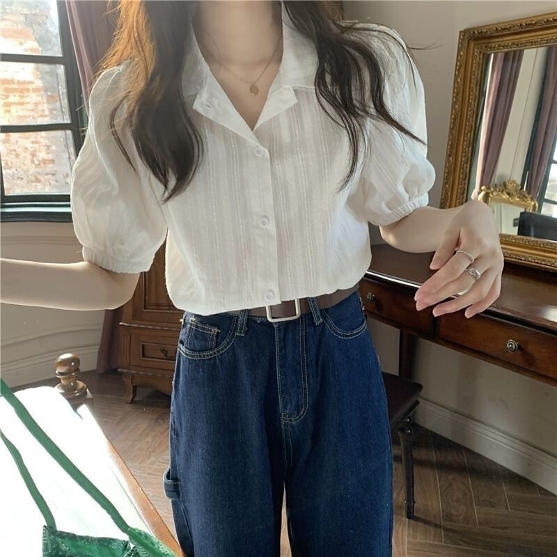 Lace-Trimmed Short-Sleeved Shirt, Summer Sweet Doll-Style Design, Elegant Cardigan, White Top for Women