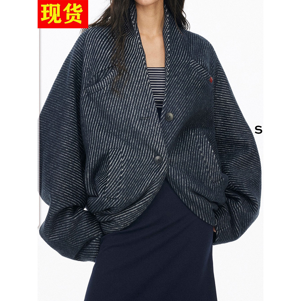 Salthe Salt Tea*Prussian Blue Small Fragrance Wool Loose Shoulder Bat Sleeve Woolen Jacket Winter New Style