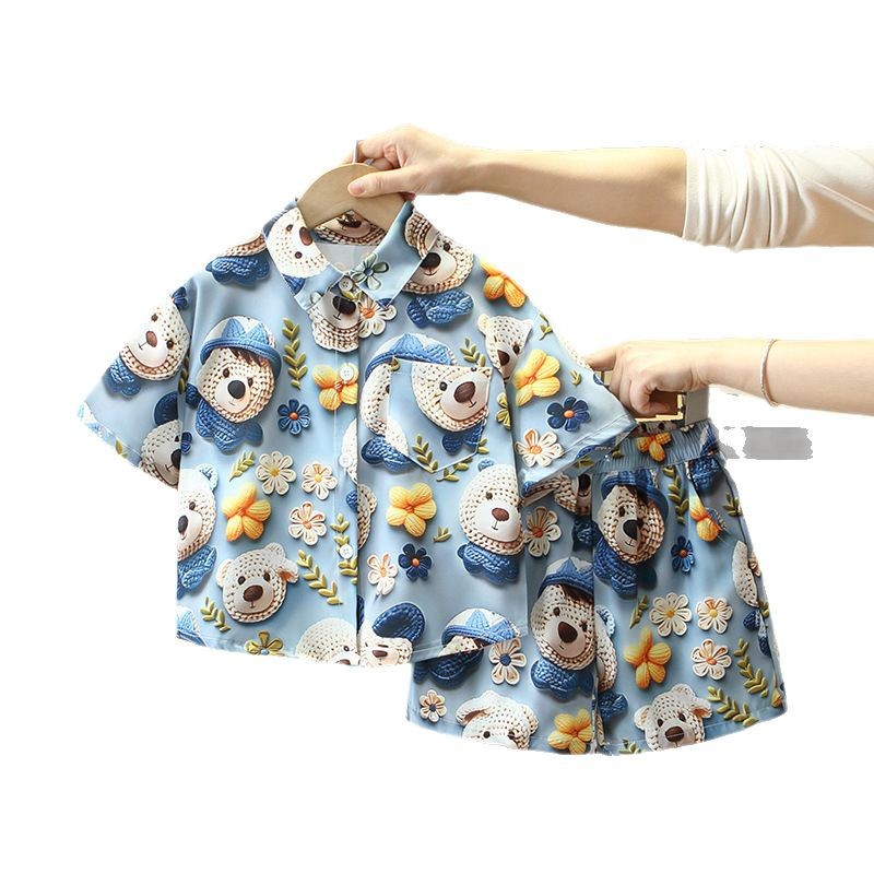 7872 traje de verano para niños 2025 nueva camisa hermosa para niños de dos piezas ropa de estilo de playa de moda para bebés