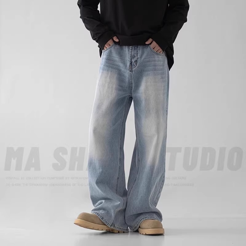 Light Blue Washed Cleanfit Straight Leg Jeans Midweight Casual Trousers Trendy Brand Spring 2025 American Style Wide Leg mid Waist_mkmklike.com