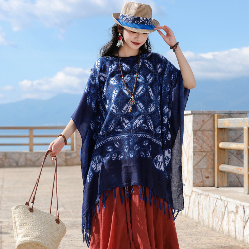 Primavera y verano estilo étnico bufanda teñida azul largo borla chal decorativo bufanda viaje protector solar Toalla de playa para las mujeres