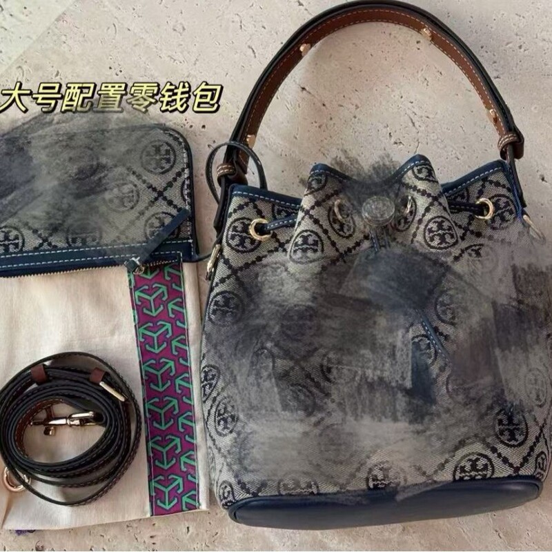 Tory Tmonogram Jacquard Drawstring Bucket Bag European and American Retro Double Shoulder Strap Single Shoulder Crossbody Bag for Women