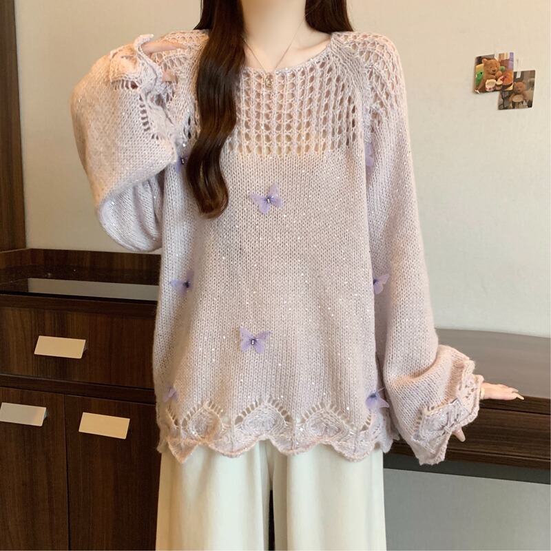 圆领立体蝴蝶设计镂空钩花毛衣女秋冬大胖妹妹高级气质显瘦百搭衣|undefined
