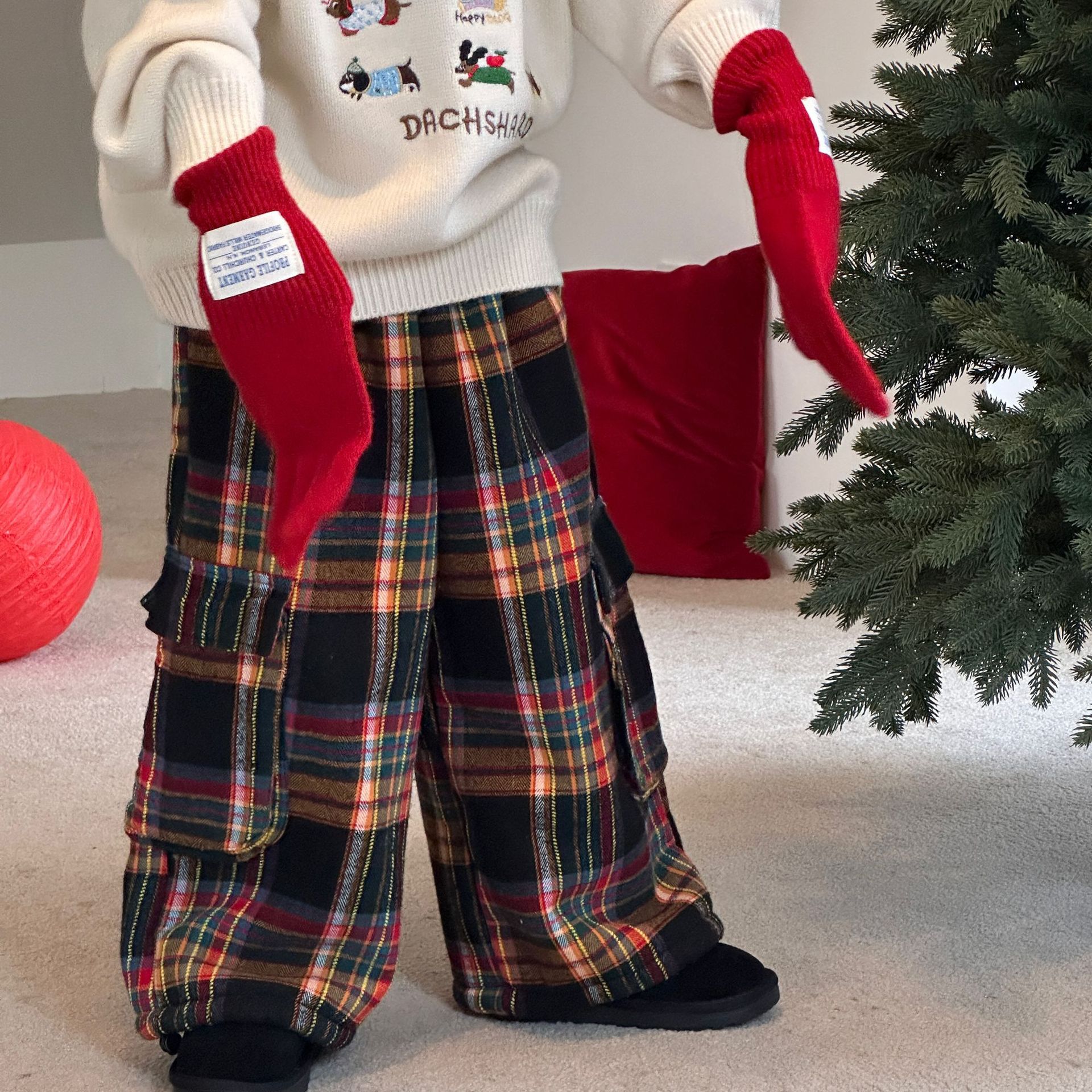 tairu 2024 winter new boys‘ korean style fleece-lined thickened plaid pants boys‘ western style new year warm trousers fashion