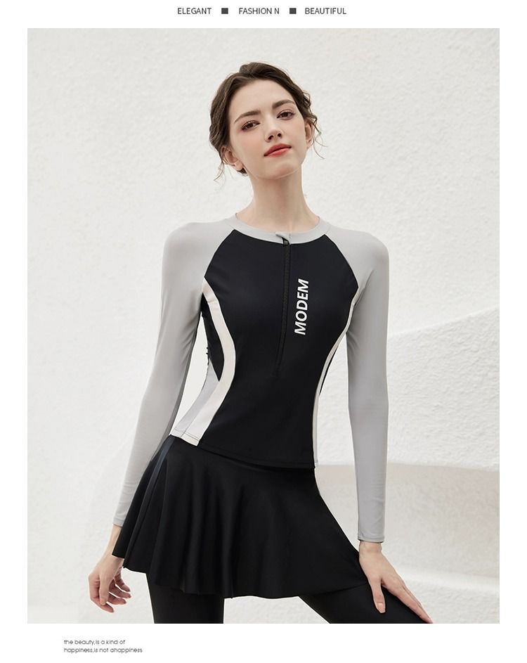 GraceChic Women's Swimsuit 2025 New Long Sleeve Sun Protection Three-Piece Set Ladies Two-Piece Conservative High-End Feel Hot_voghion.com