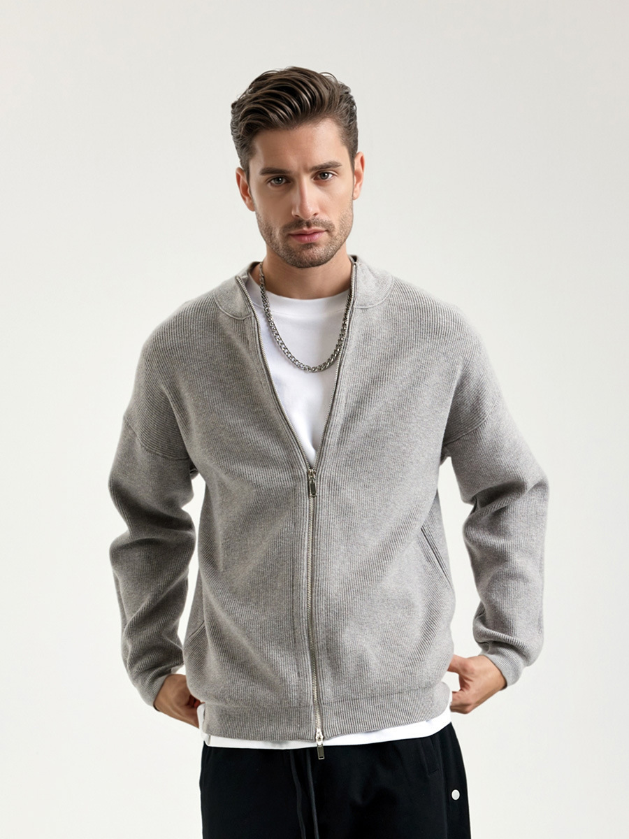 Suéter de cuello alto americano 2025, otoño y invierno con doble cremallera, chaqueta de punto de cardigan para hombre, chaqueta de color sólido suelta.