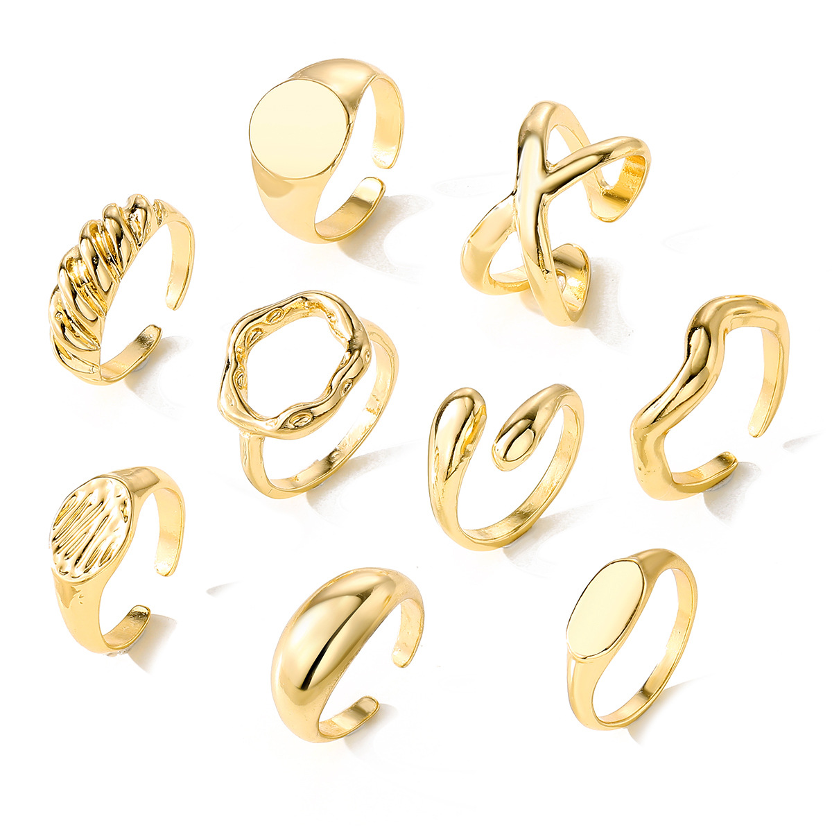 Geometric KC Gold Plated Alloy Round Ring Set Style 9 Pieces Irregular Smooth Open Rings_voghion.com