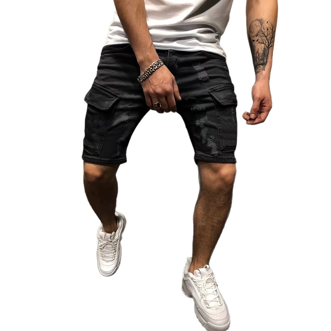 Men's Ripped Denim Shorts, Summer Stretch Cotton Cargo Shorts With Side Pockets, Slim Fit Casual Streetwear Style_viptrois.com