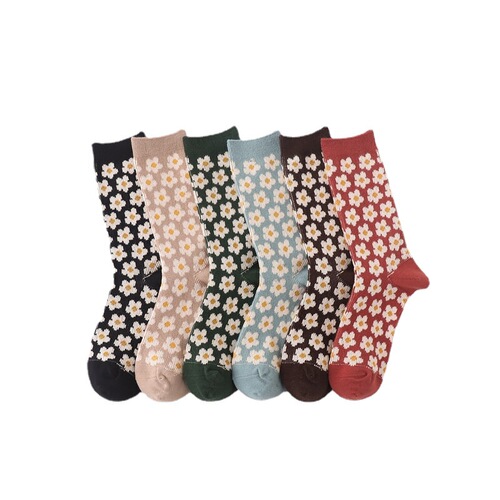 Socks for women, mid-calf socks, double-needle combed cotton socks, Hyuna style flower socks, Japanese retro student trendy socks, college socks