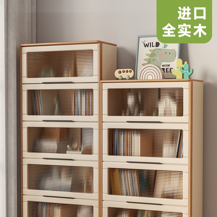 Children's Dust-Proof Bookcase Solid Wood Storage Cabinet Living Room Household Solid Wood Cupboard Flip-Up Storage Cabinet Student Bookshelf
