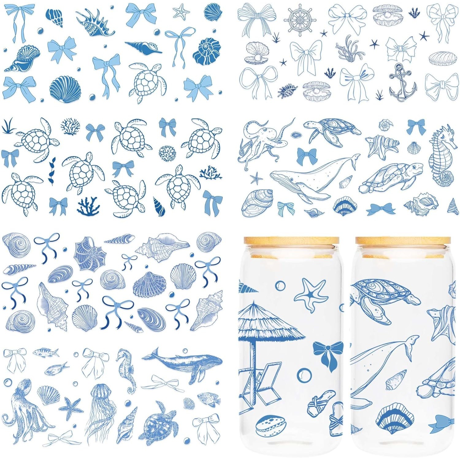 海洋主题防水UV转印贴杯贴水母海龟蓝丝带装饰