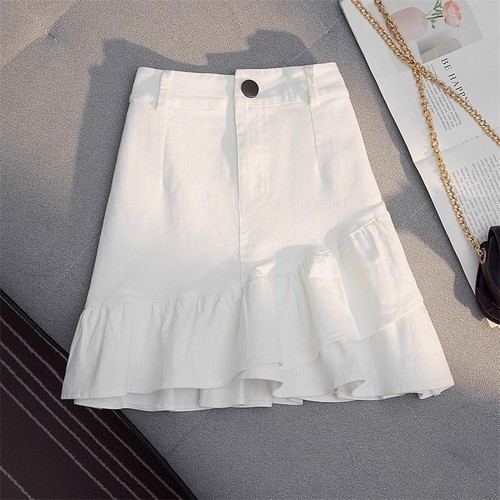 2024 Spring and Summer New Half Skirt White Denim Irregular Ruffled A-Line Skirt High Waist Short Skirt Women's Anti-peek 