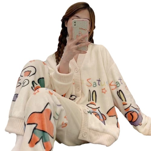 Cartoon Flannel Pajama Set for Women - Winter Thick Princess Style Long Sleeve Open Top Outerwear Warm Sweet Homecoming Clothes