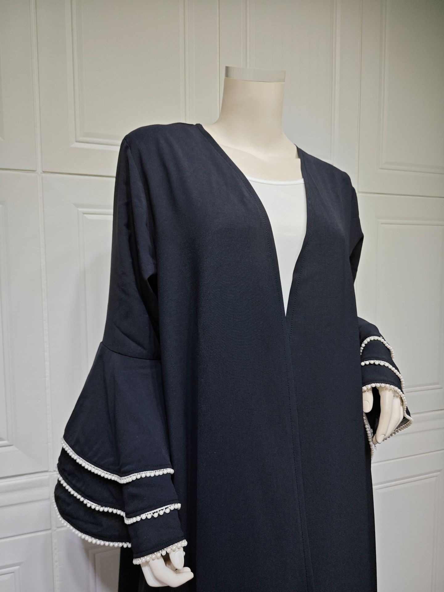 MQ120 Modest Arabic Dubai Cardigan Black Robe Cuff Beaded Abaya Fashion Coat_ecoleips.com