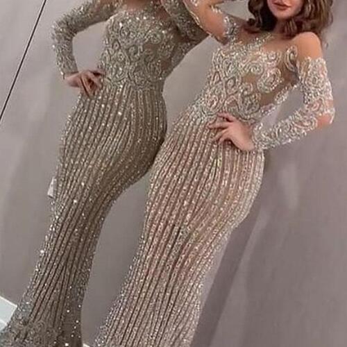 Bling evening dress for women Sexy bronzing long-sleeved birthday party celebration prom dress singers stage performance long mermaid gown