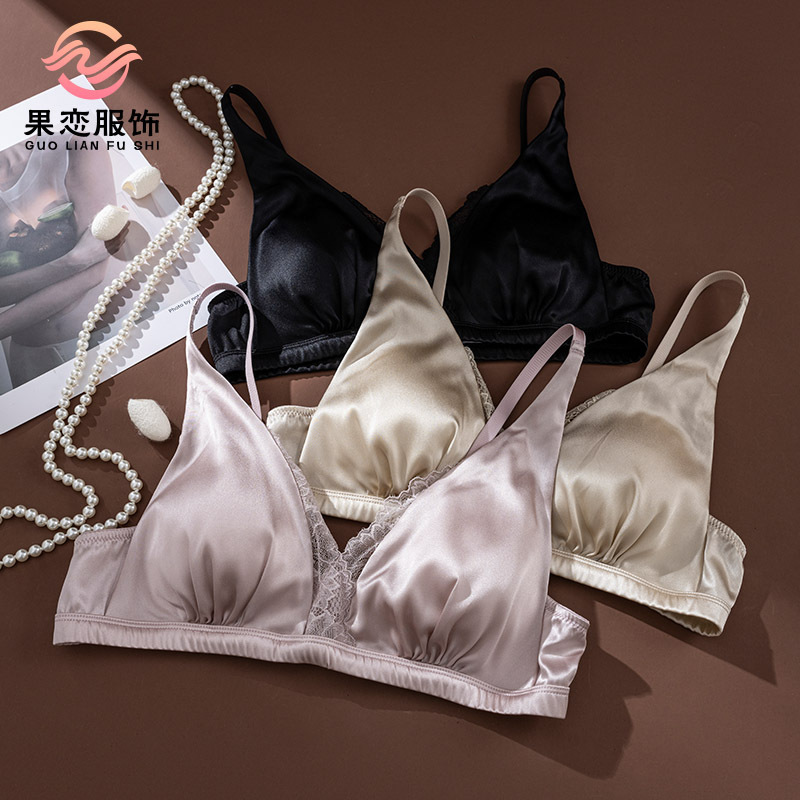 Fruit Love Silk Stretch Satin Lace V-Neck Wireless Bra Mulberry Silk Ultra-Thin Fixed Cup Pad French Style Lingerie