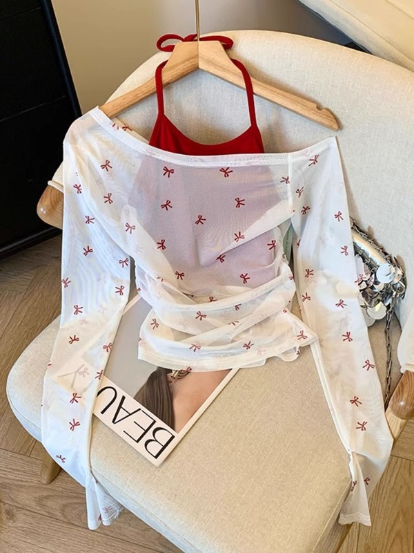 偽ツーピースホルターネックオフショルダー長袖Tシャツレディース夏新作リボンプリントホットガールスリム薄手ブラウストップ|undefined