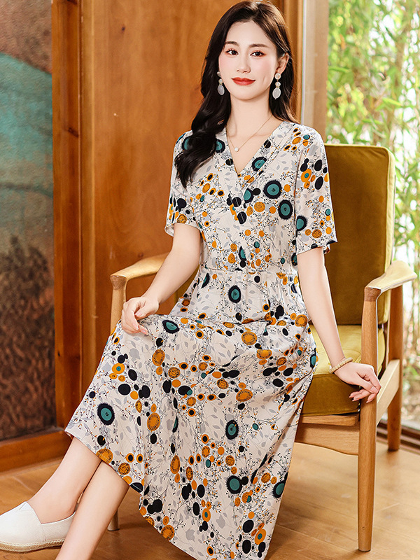 高端棉绸连衣裙新款夏季女妈妈时尚印花人造棉宽松大码外穿长裙子|undefined