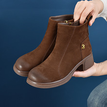 英伦风复古头层牛皮时装短靴女2025秋冬新款粗跟增高显瘦气质单靴