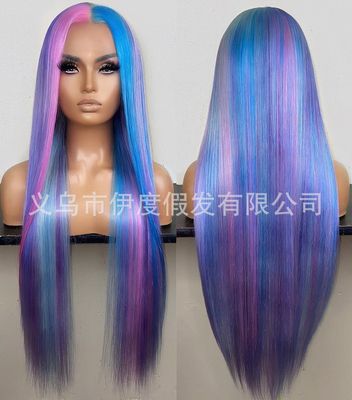 中分长直发蓝紫色漂染粉绿跨境新款COS 彩色假发工厂现货一件代发|ms