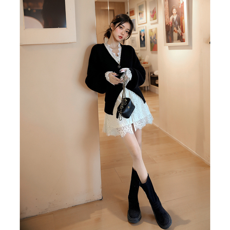 韩系千金感套装女春季2025新款蕾丝衬衫+v领针织开衫+半裙三件套|undefined