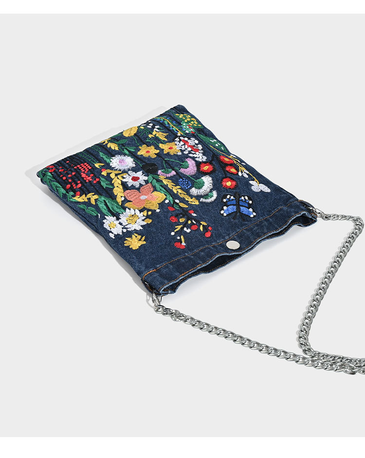 Classic Style Style Square Shape Medium Size Unisex Medium Denim Plant Flower Classic Style Sewing Thread Square Open Shoulder Bag