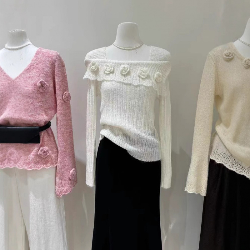 法式白色一字肩针织衫女春季高级感气质纯欲软糯修身显瘦长袖上衣