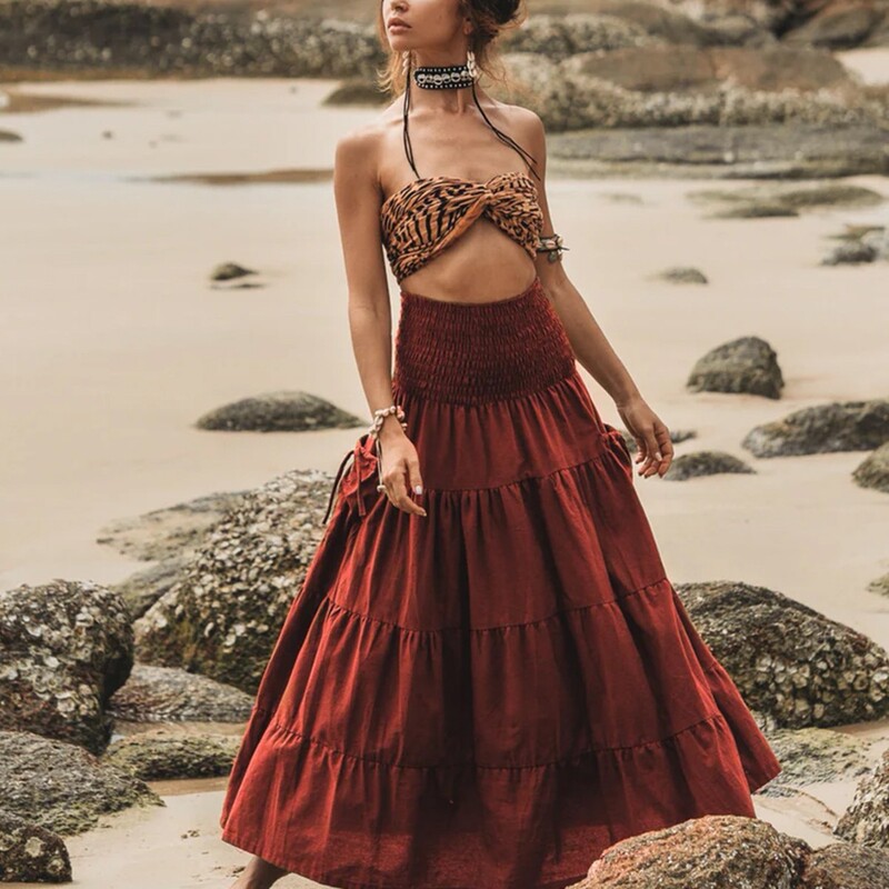 2025 New European and American Casual Skirt, Artistic Retro Loose Solid Color Long Skirt with Large Pockets, Two-Wear Wrap Skirt