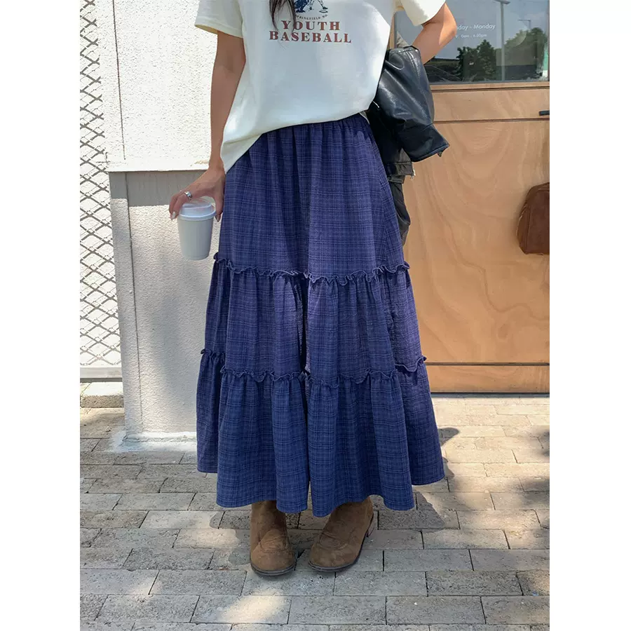 黄峥 松紧腰木耳边拼接半身裙女2025秋休闲格纹显瘦a字长裙530972
