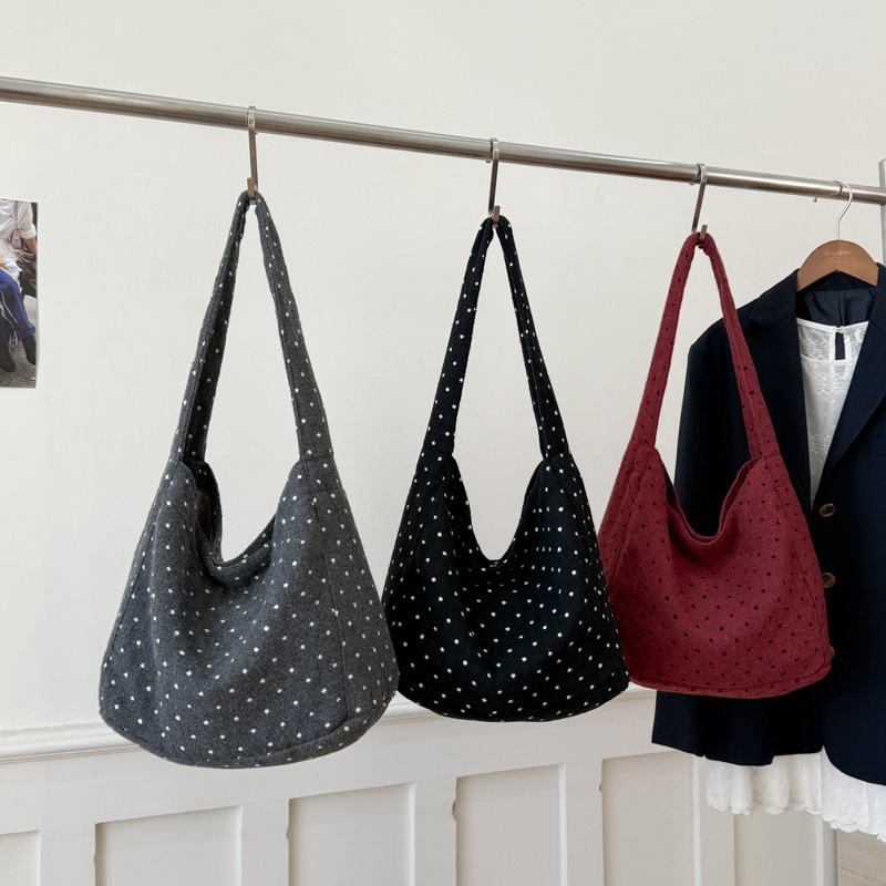 Polka Dot Canvas Bag Women's New Large Capacity Korean Style Literary Shoulder Bag Simple Casual Versatile Commuter Bag Women's Bag