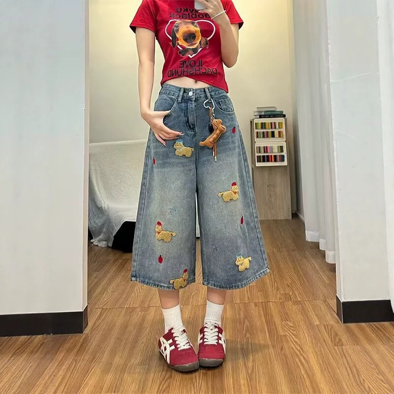 Plus-Size Vintage American-Style Embroidered Cropped Jeans for Women, Summer Loose High-Waisted Slimming Straight Wide-Leg Mid-Length Pants Plus-Size Vintage American-Style Embroidered Cropped Jeans for Women, Summer Loose High-Waisted Slimming Straight Wide-Leg Mid-Length Pants