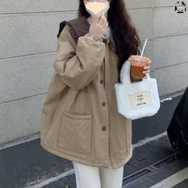 大码女装2025冬季新款胖mm韩版木耳边娃娃领拼接宽松棉衣棉服外套