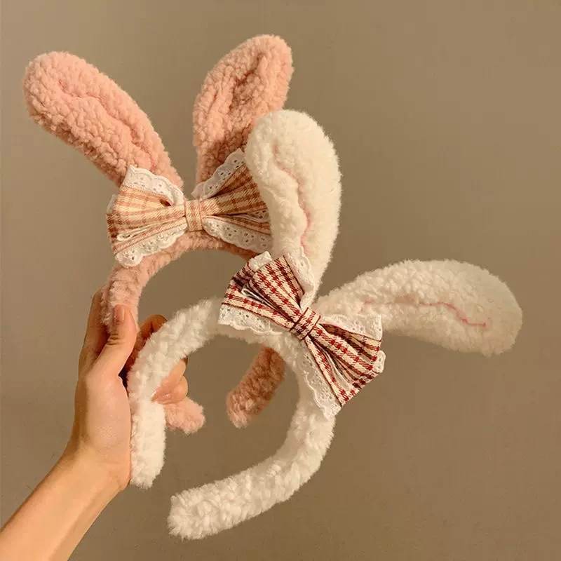 可爱蝴蝶结兔耳朵发箍女秋冬洗脸敷面膜头箍卡通白色毛毛兔子头饰