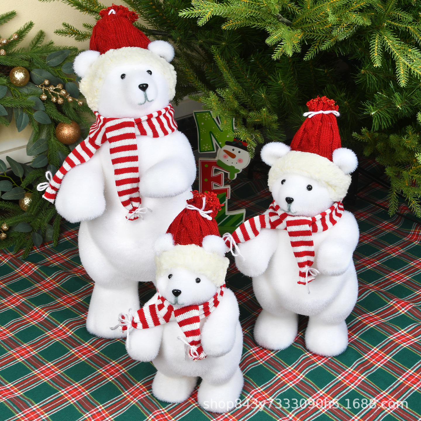 Navidad blanco flocado osos adornos de decoración ventanas rojas grandes y medianas decoración de la sala de exposiciones osos adornos de bebé
