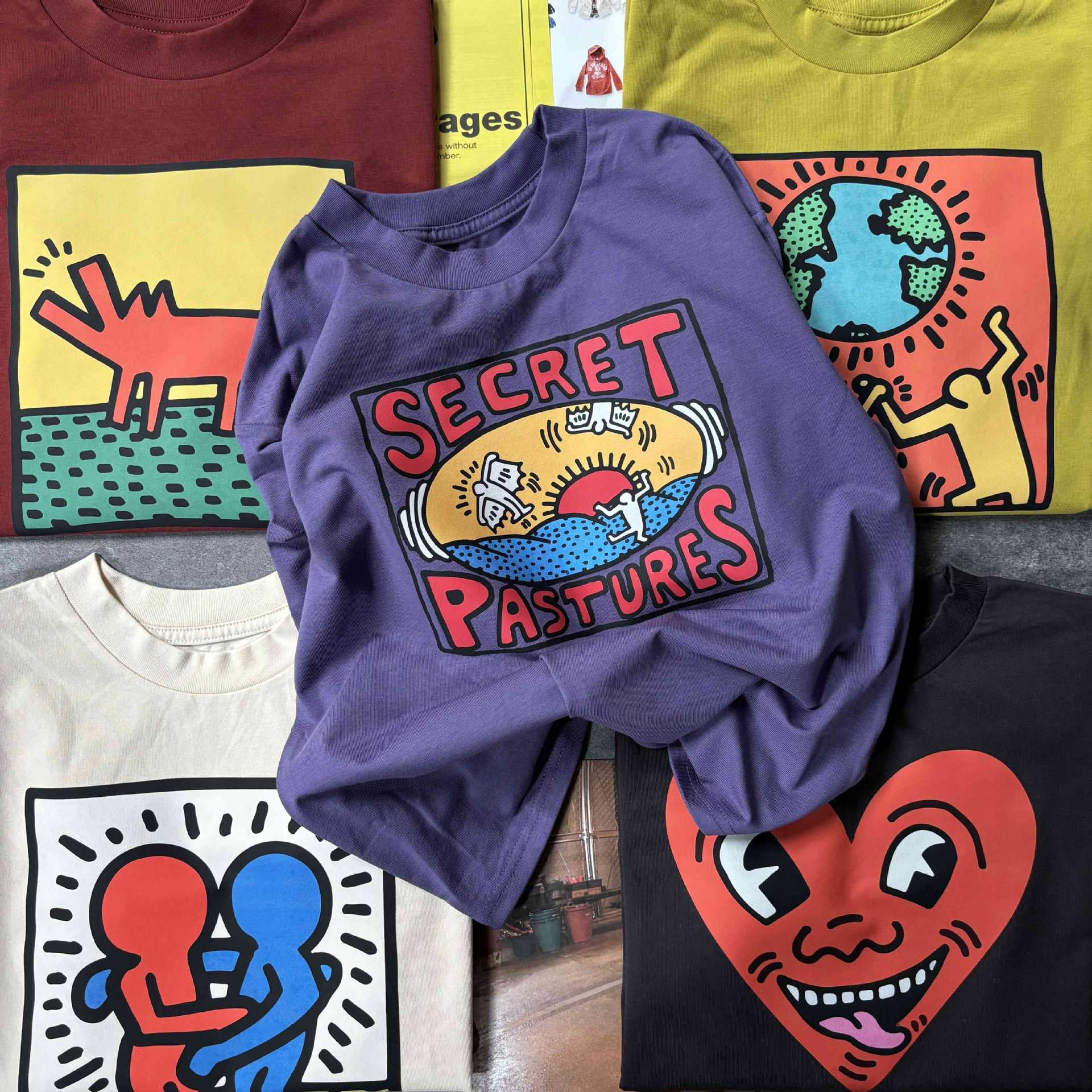 美式复古 搞怪童趣插画卡通印花宽松长袖T恤 秋季圆领打底衫上衣