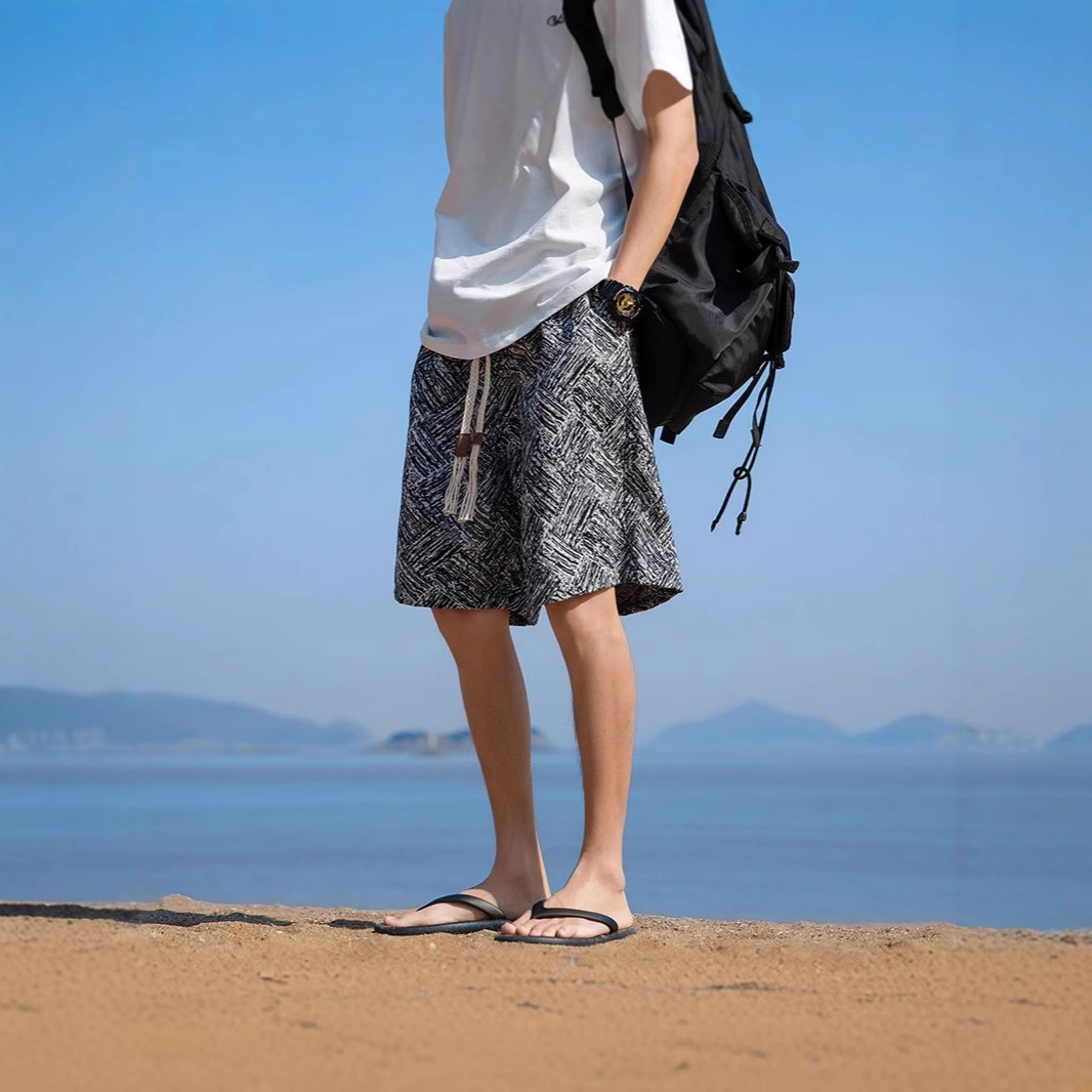 Unisex Summer Beach Shorts Textured Straight Leg Quick Drying Casual Mid Length Loose Fit For Home Or Sports_viptrois.com