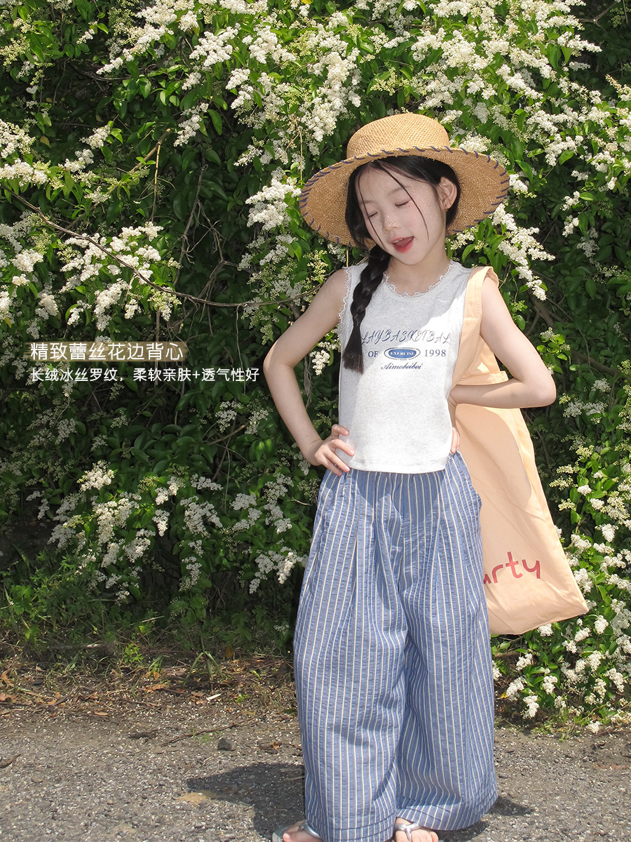 内搭外穿都好看~新品女童夏日温柔氛围少女风字母蕾丝边背心上衣