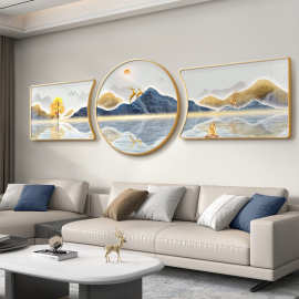 背现代挂画三联山水壁画高级客厅福鹿背景墙感轻奢山川装饰画沙发