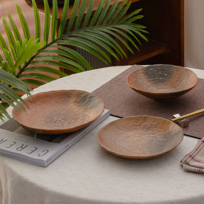 Ukiyo-E Gold Repair Japanese Retro Handmade Dinner Plate Firewood-Fired Stoneware Plate Matte Round Plate Deep Plate Restaurant Hotel Dish Plate