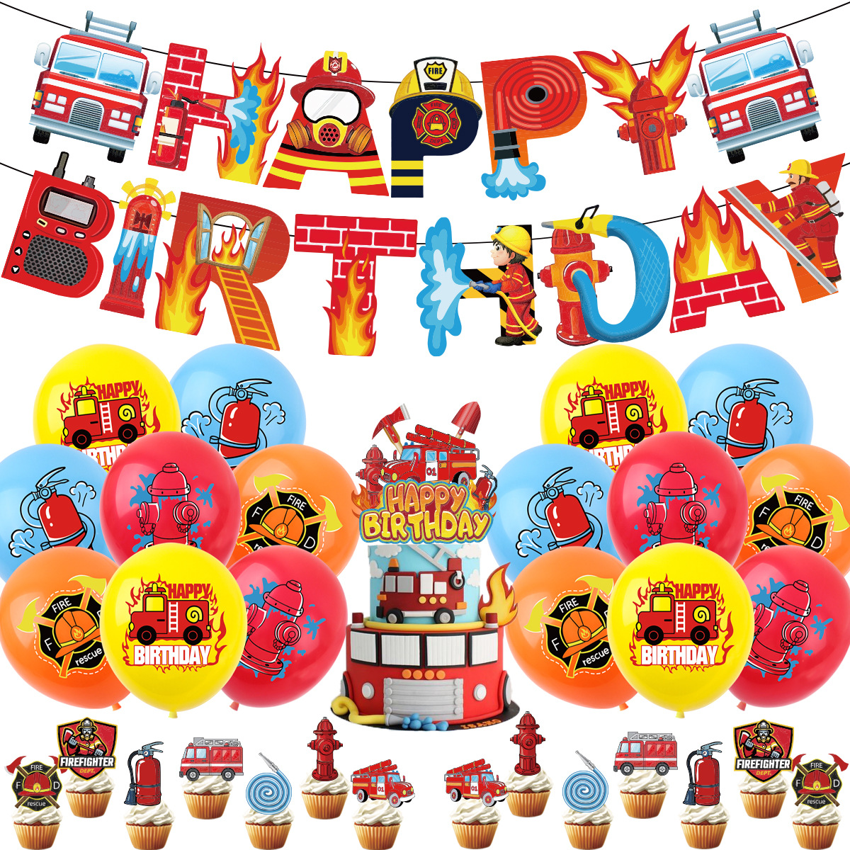 消防车主题儿童生日派对消防员山姆拉旗横幅气球蛋糕插排装饰套装