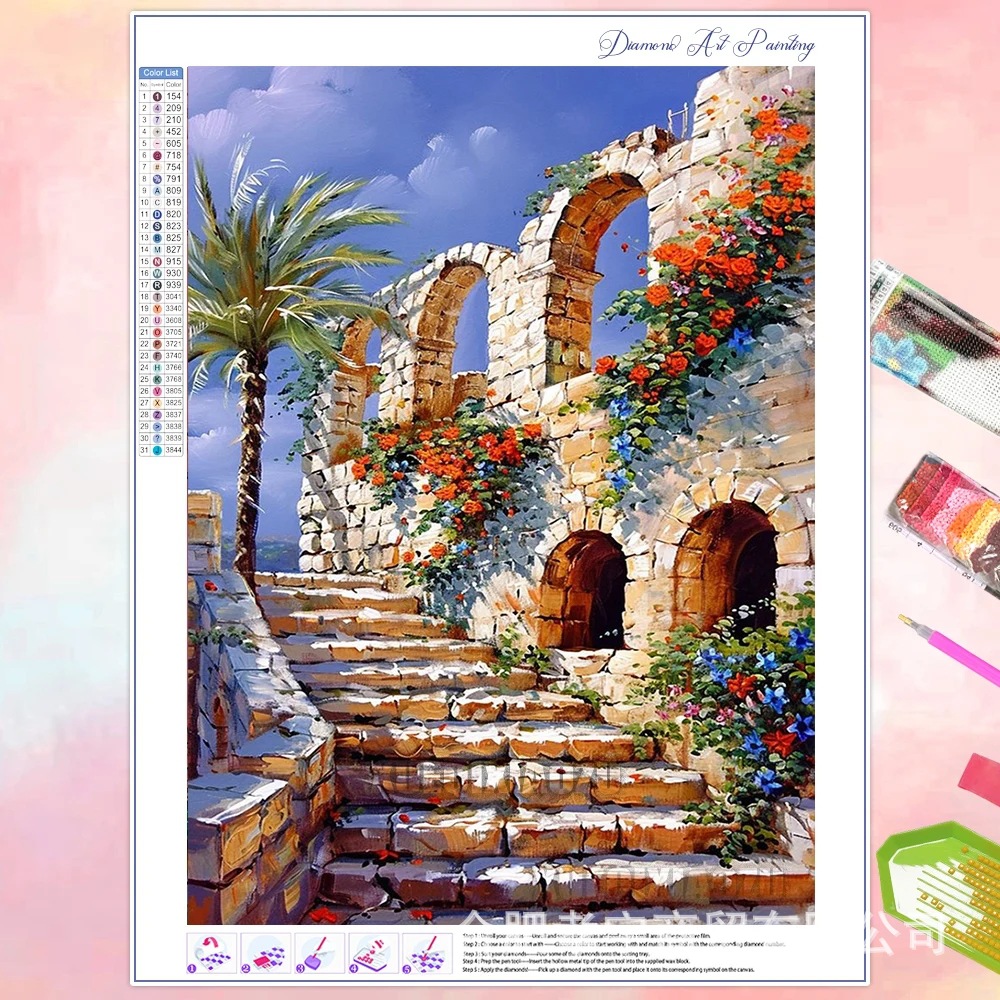 Venta caliente transfronteriza dibujos animados ciudad de bricolaje casa paisaje lleno de diamantes sala de estar dormitorio decoración pegatinas fabricante de pintura de diamantes