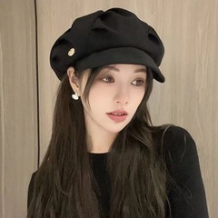 Sanfu プリーツクラウドハット、女性用、韓国風八角形帽子、頭囲が大きい、顔が小さく見える、ファッショナブルな個性、ニッチベレー帽