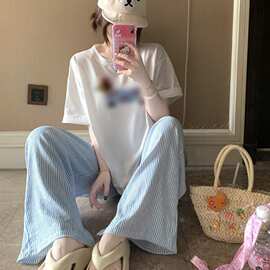 夏季短袖睡衣女可外穿家居服长裤睡衣套装宽松卡通甜美可爱