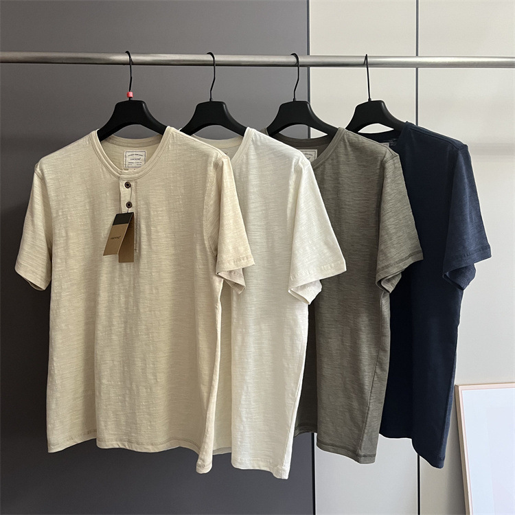 7721 Slub Cotton Linen Summer Thin Breathable Crystal Classic Solid Color Henry Collar Tough Guy Casual Short-sleeved T-shirt 7412 7721 Slub Cotton Linen Summer Thin Breathable Crystal Classic Solid Color Henry Collar Tough Guy Casual Short-sleeved T-shirt 7412