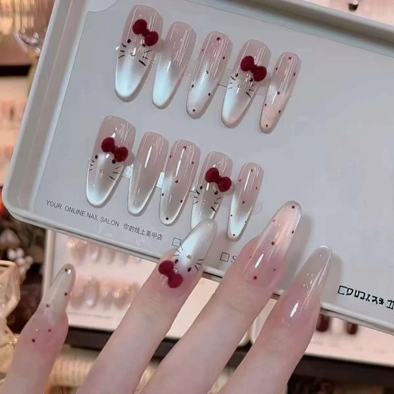 2025 New Mid-Length Manicure Wearable Manicure Wine Red Bow Cat Eye Cat Eye Removable Finger Manicure Nails