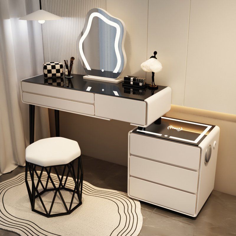 밀키 화이트 3단 서랍 스마트 모델 - 올 원목 120 테이블 + 캐비닛 + 구름거울 + 새둥지 스툴