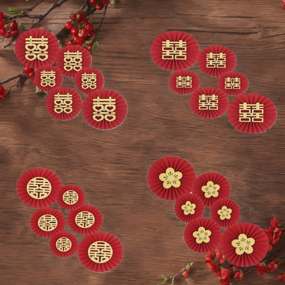 热卖抖音网红折扇喜字 婚房装饰纸扇花福字纸扇花 新年一件代发