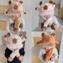 卡皮巴拉帽子儿童围巾一体秋冬季围脖捏耳朵会动的吧啦男孩女冬天