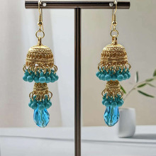 新款时尚个性耳饰泰国复古女士长款奢华仿大宝石铃铛流苏耳环