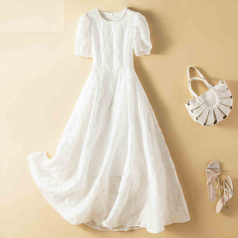 Spot large size white dress 2021 Xia Xin Beaded Jacquard Fairy Princess Dress Chubby Sister First Love Long Dress